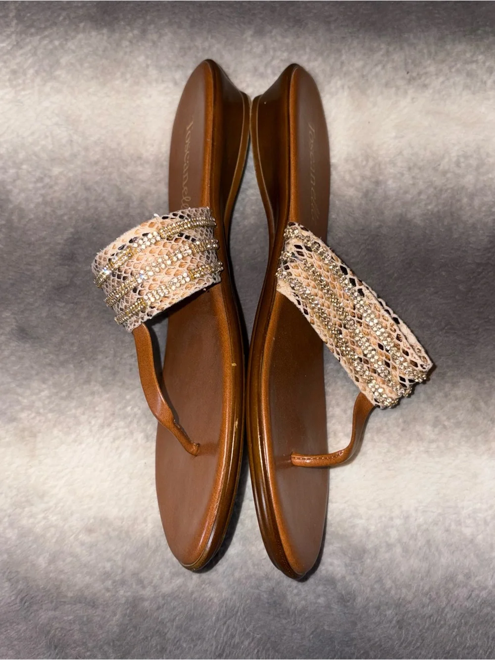 Toscanella Brown Leather Snakeskin Rhinestone Thong Sandals Sz 10 Made in Italy